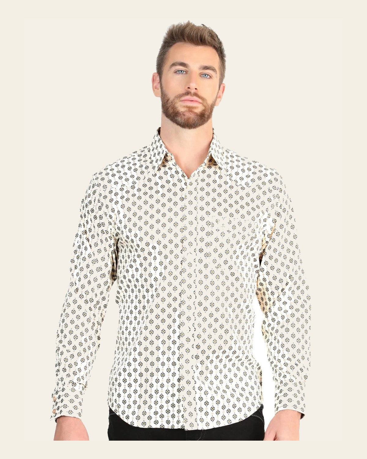 El General Men’s Long Sleeve Western Shirt - Beige 45606 on a warm cream background