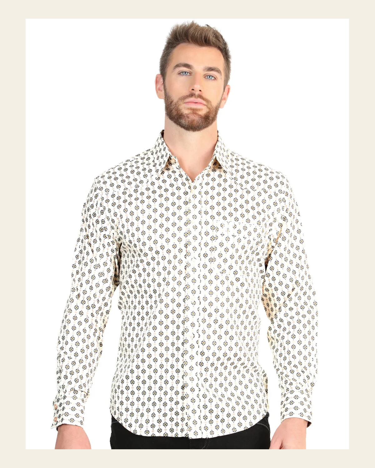 El General Men’s Long Sleeve Western Shirt - Beige 45606 on a warm cream background