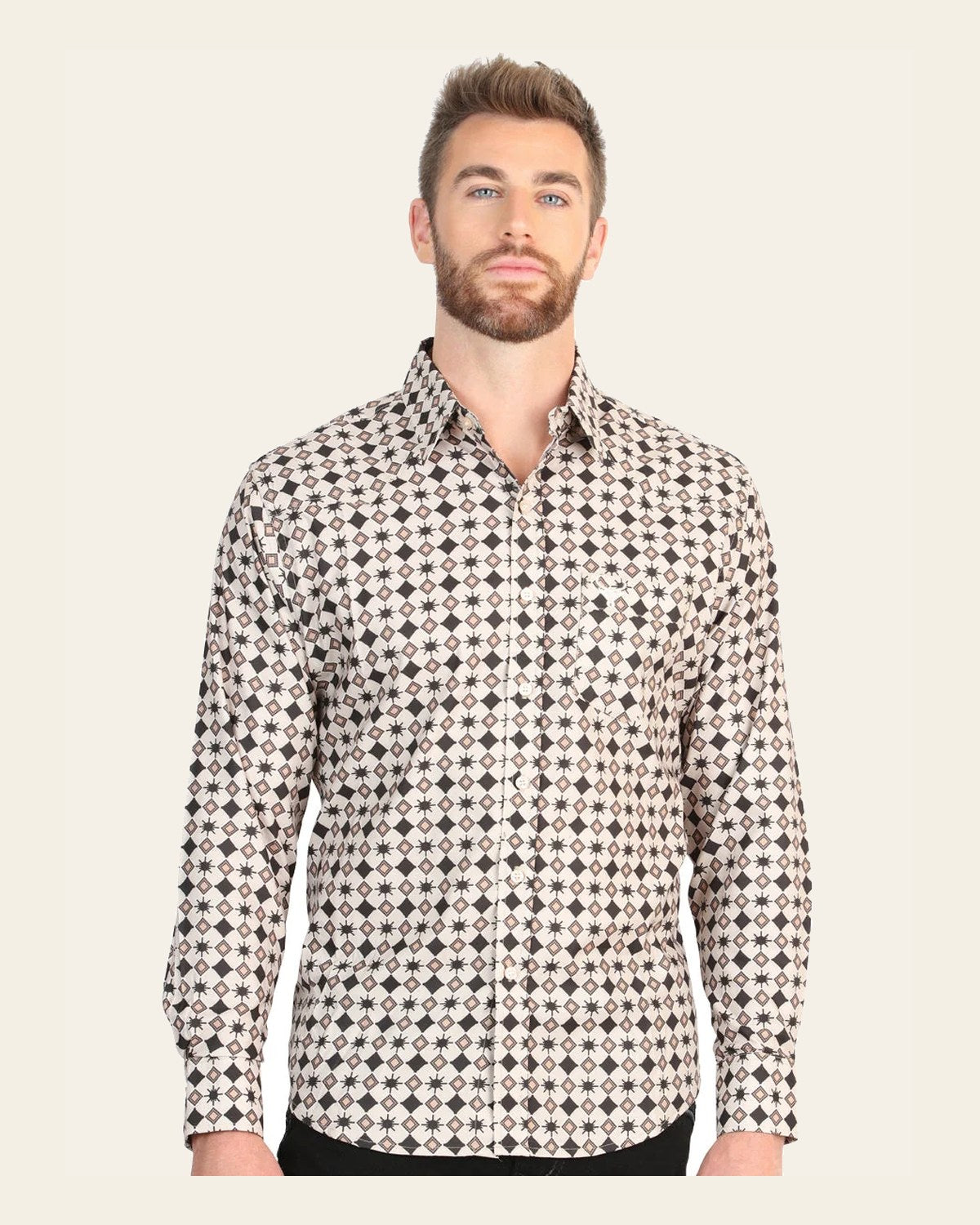 El General Men’s Long Sleeve Western Shirt - Beige 45609 on a warm cream background