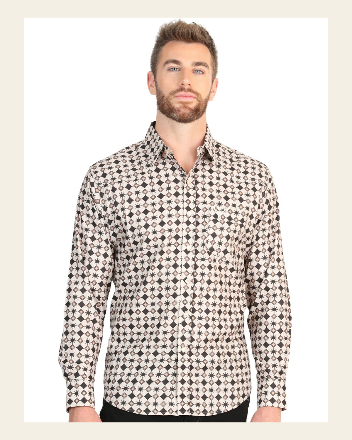 El General Men’s Long Sleeve Western Shirt - Beige 45609 on a warm cream background