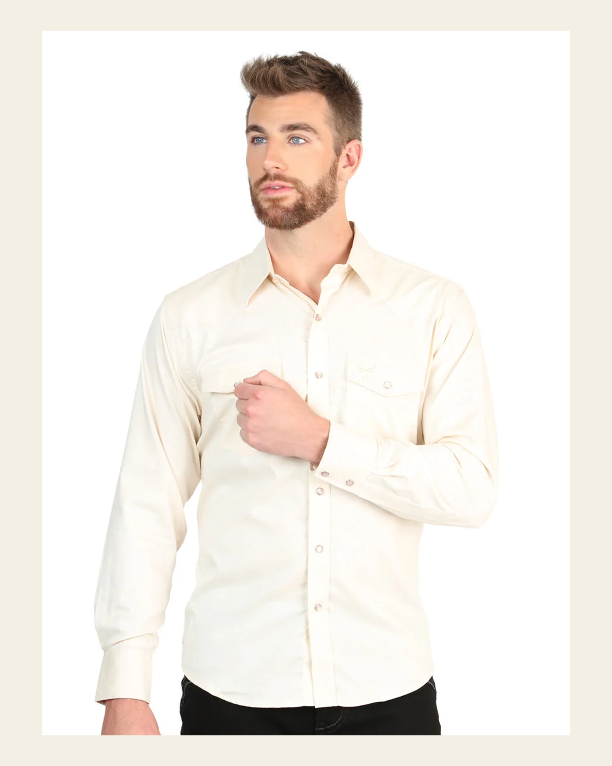 El General Men’s Long Sleeve Snap Button Western Shirt - Beige 45617 on a warm cream background
