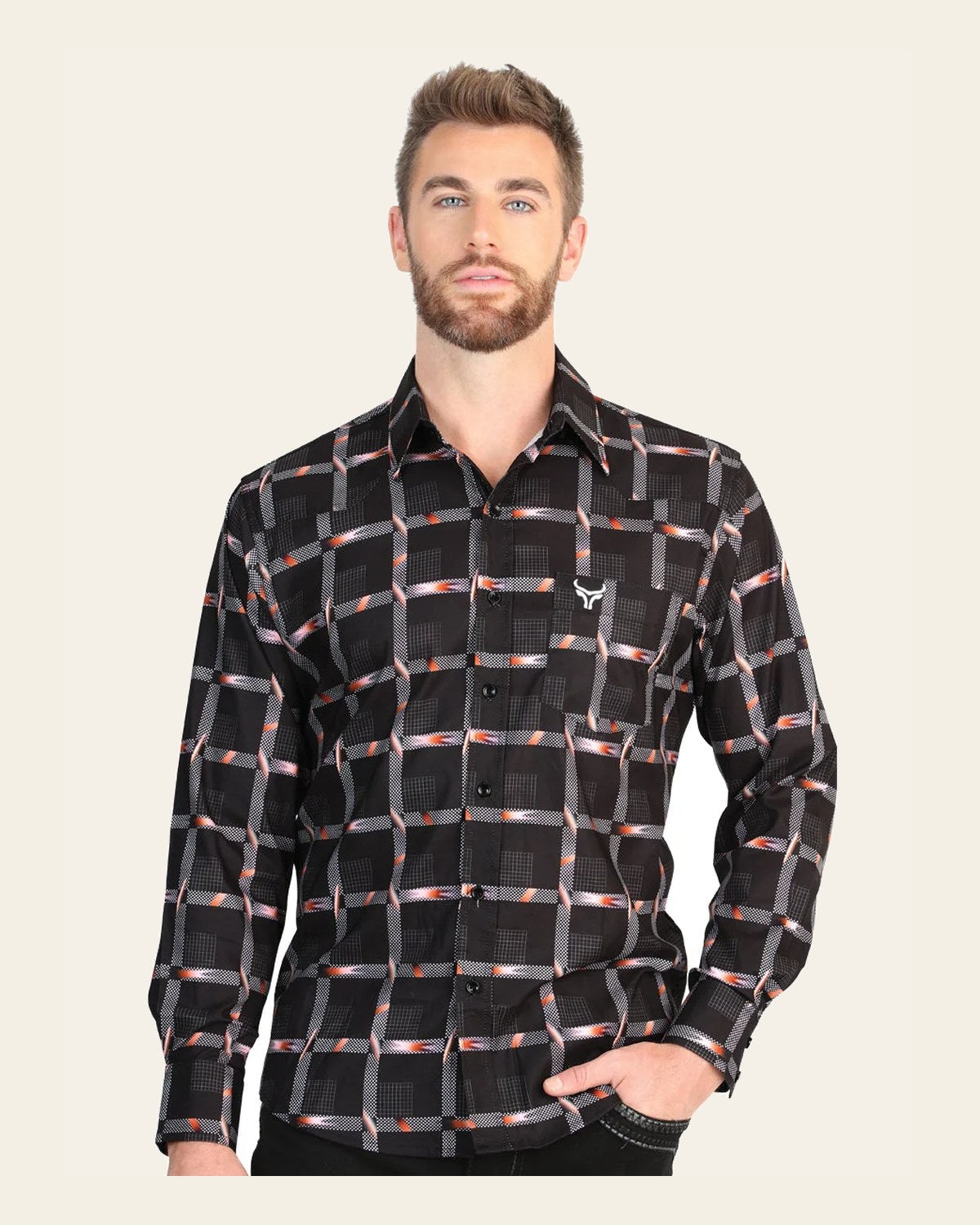 El General Men’s Long Sleeve Western Shirt - Black 45603 on a warm cream background