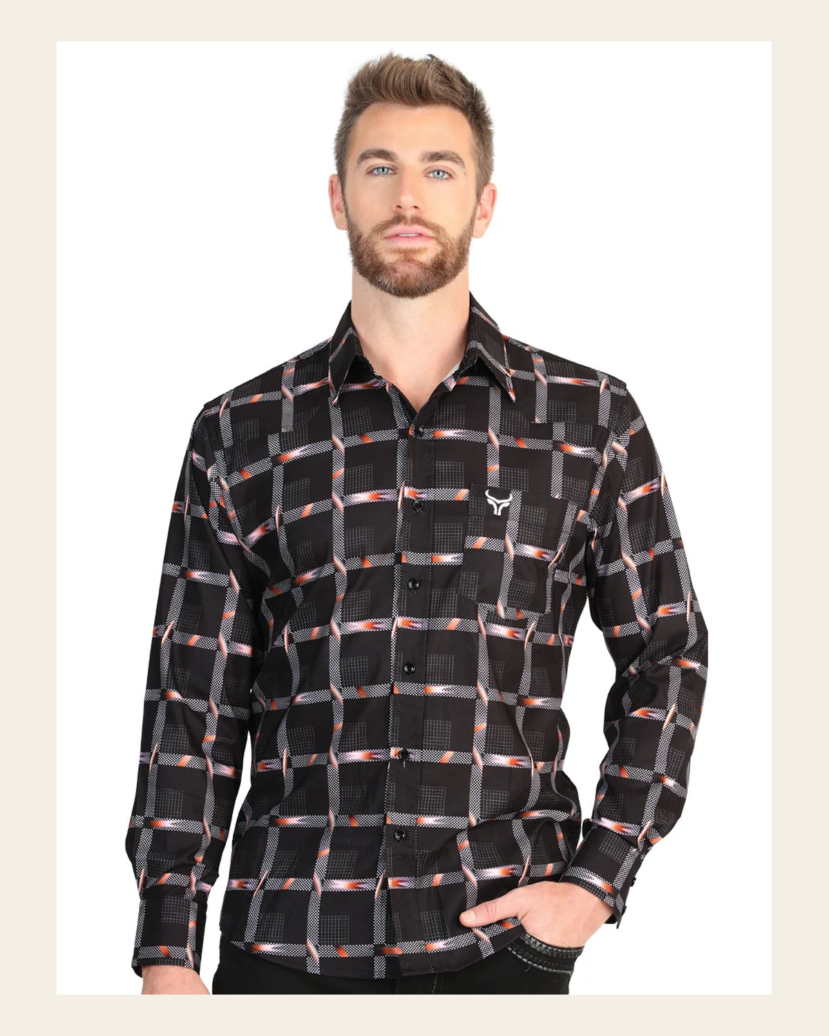 El General Men’s Long Sleeve Western Shirt - Black 45603 on a warm cream background
