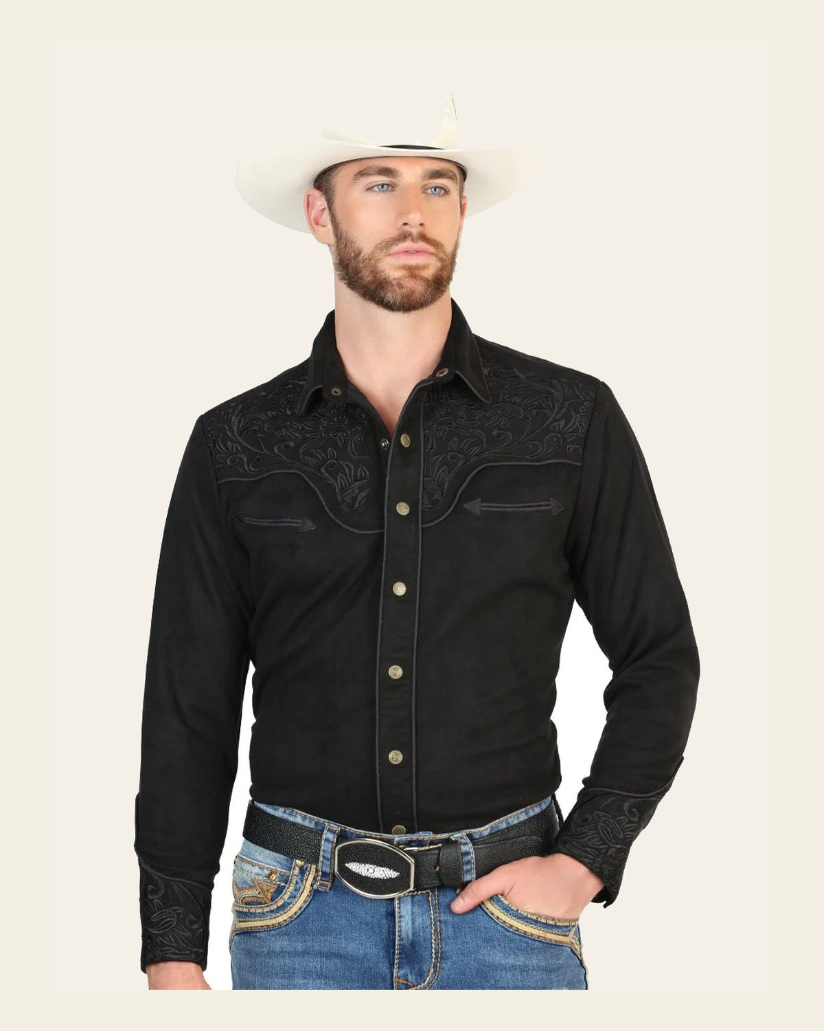 El General Men’s Suede Embroidered Snap Button Western Shirt - Black 45653 on a warm cream background