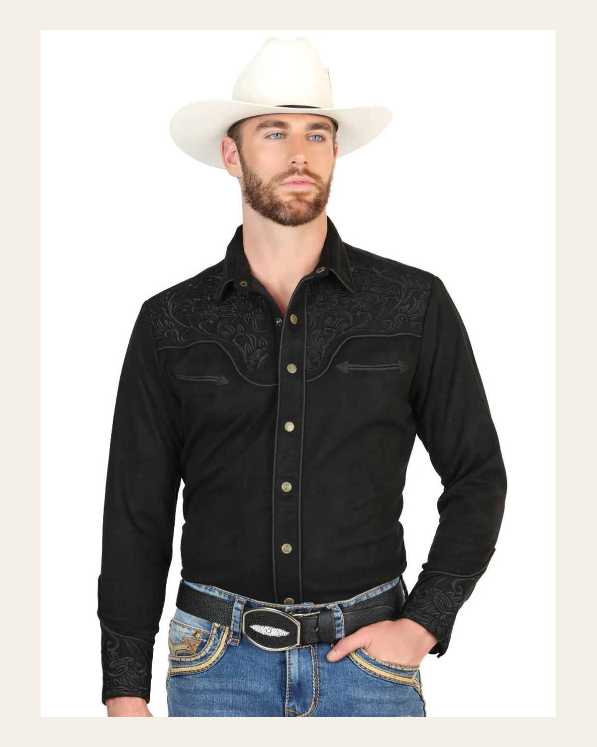 El General Men’s Suede Embroidered Snap Button Western Shirt - Black 45653 on a warm cream background