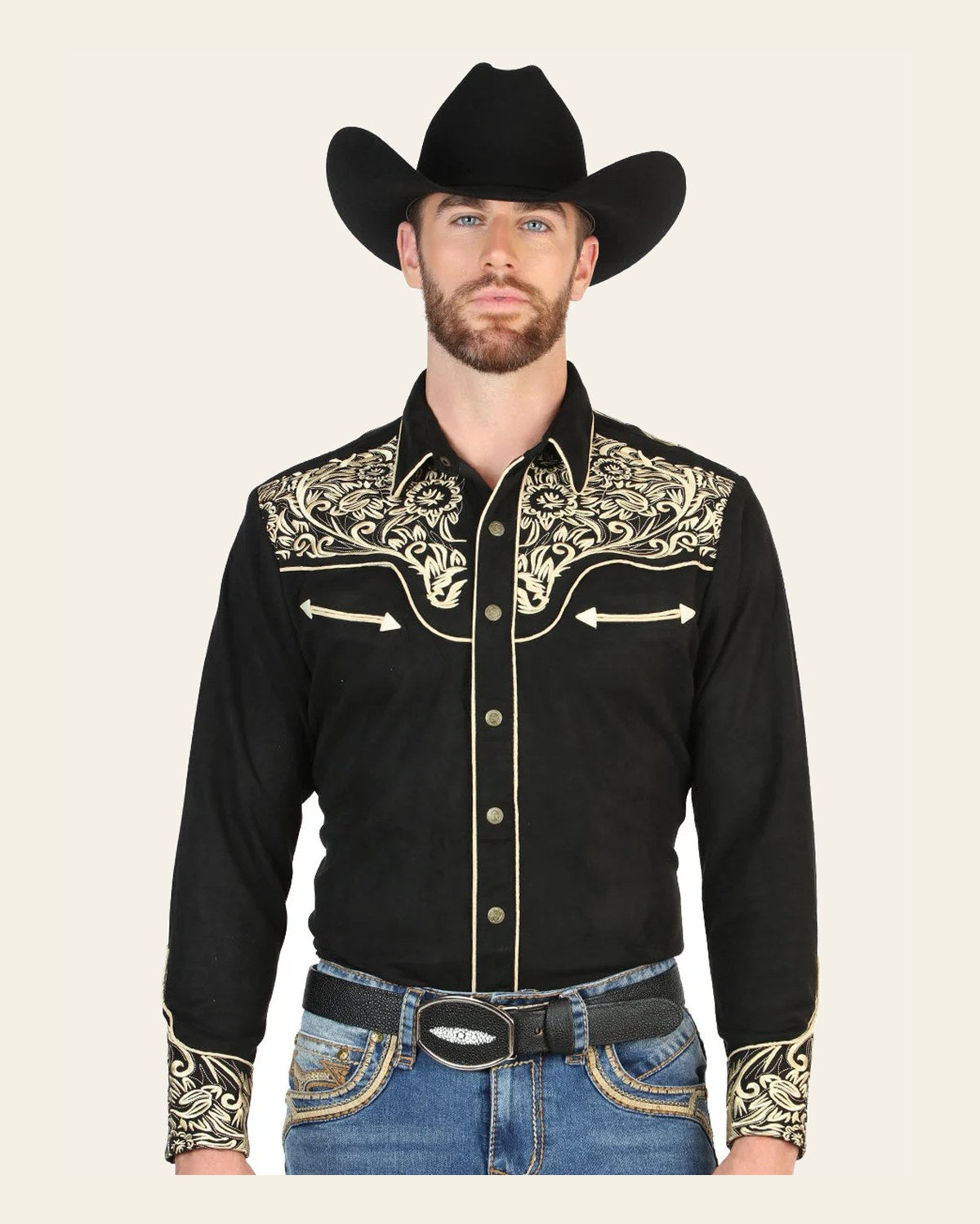 El General Men’s Suede Embroidered Snap Button Western Shirt - Black/Gold 45654 on a warm cream background