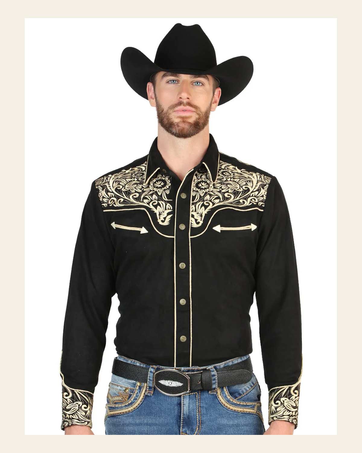 El General Men’s Suede Embroidered Snap Button Western Shirt - Black/Gold 45654 on a warm cream background