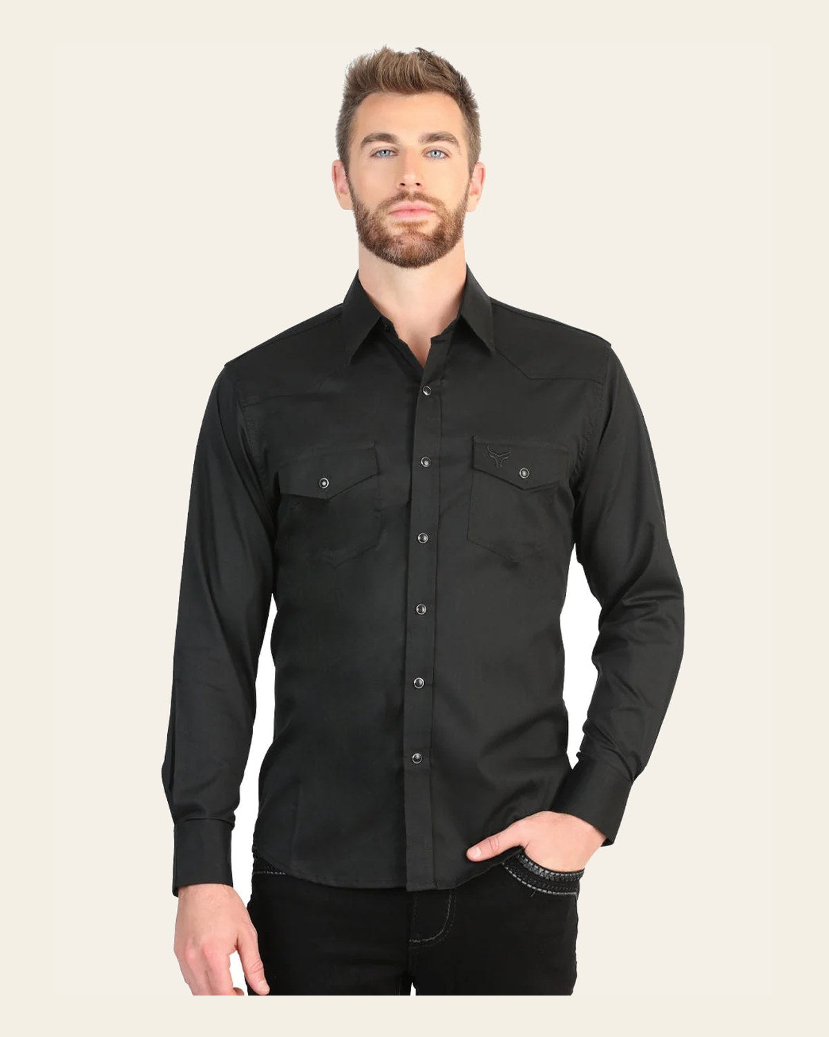 El General Men’s Long Sleeve Snap Button Western Shirt - Black 45612 on a warm cream background