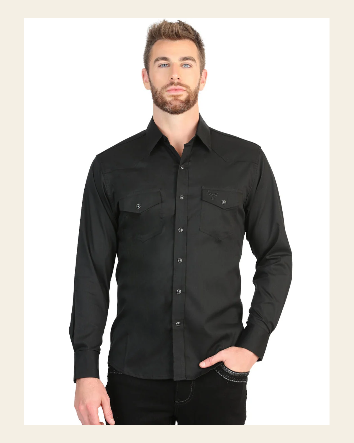 El General Men’s Long Sleeve Snap Button Western Shirt - Black 45612 on a warm cream background
