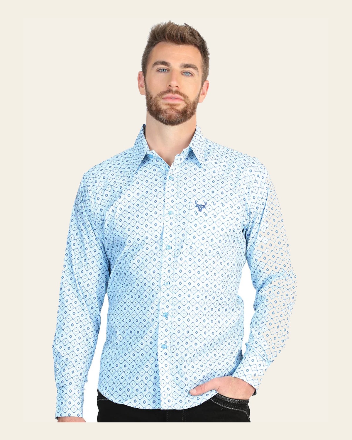 El General Men’s Long Sleeve Western Shirt - Blue 45600 on a warm cream background