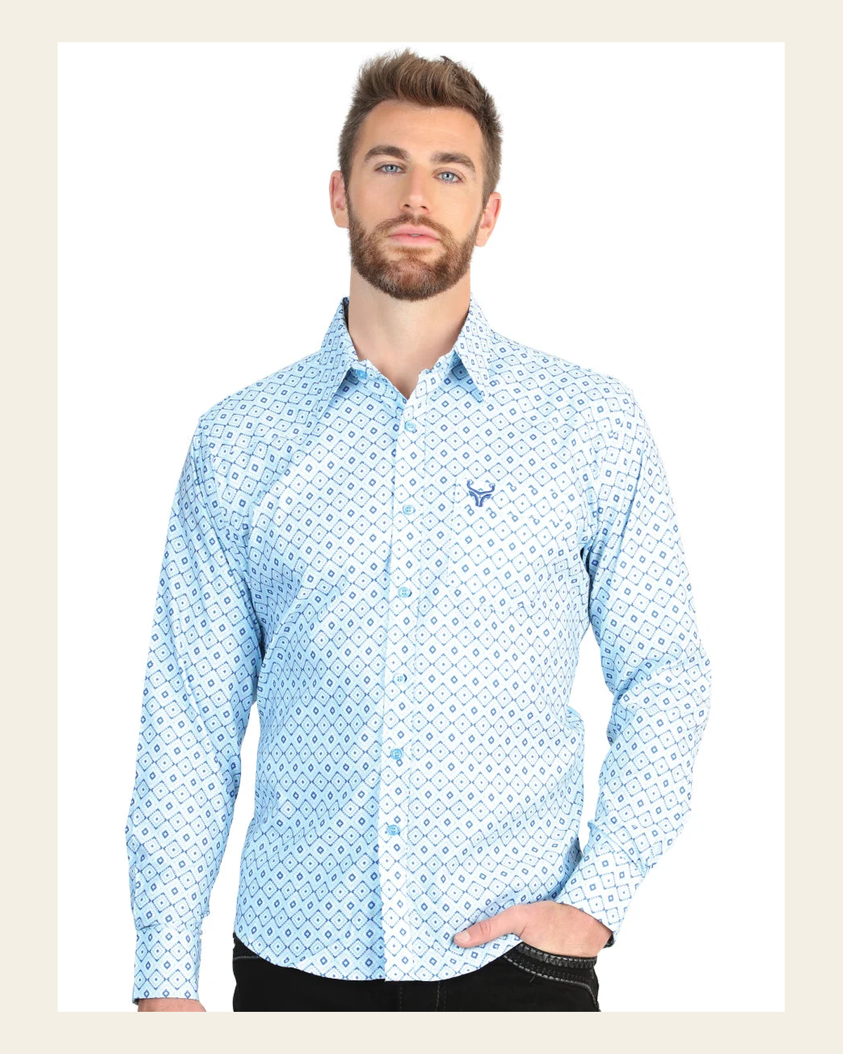 El General Men’s Long Sleeve Western Shirt - Blue 45600 on a warm cream background