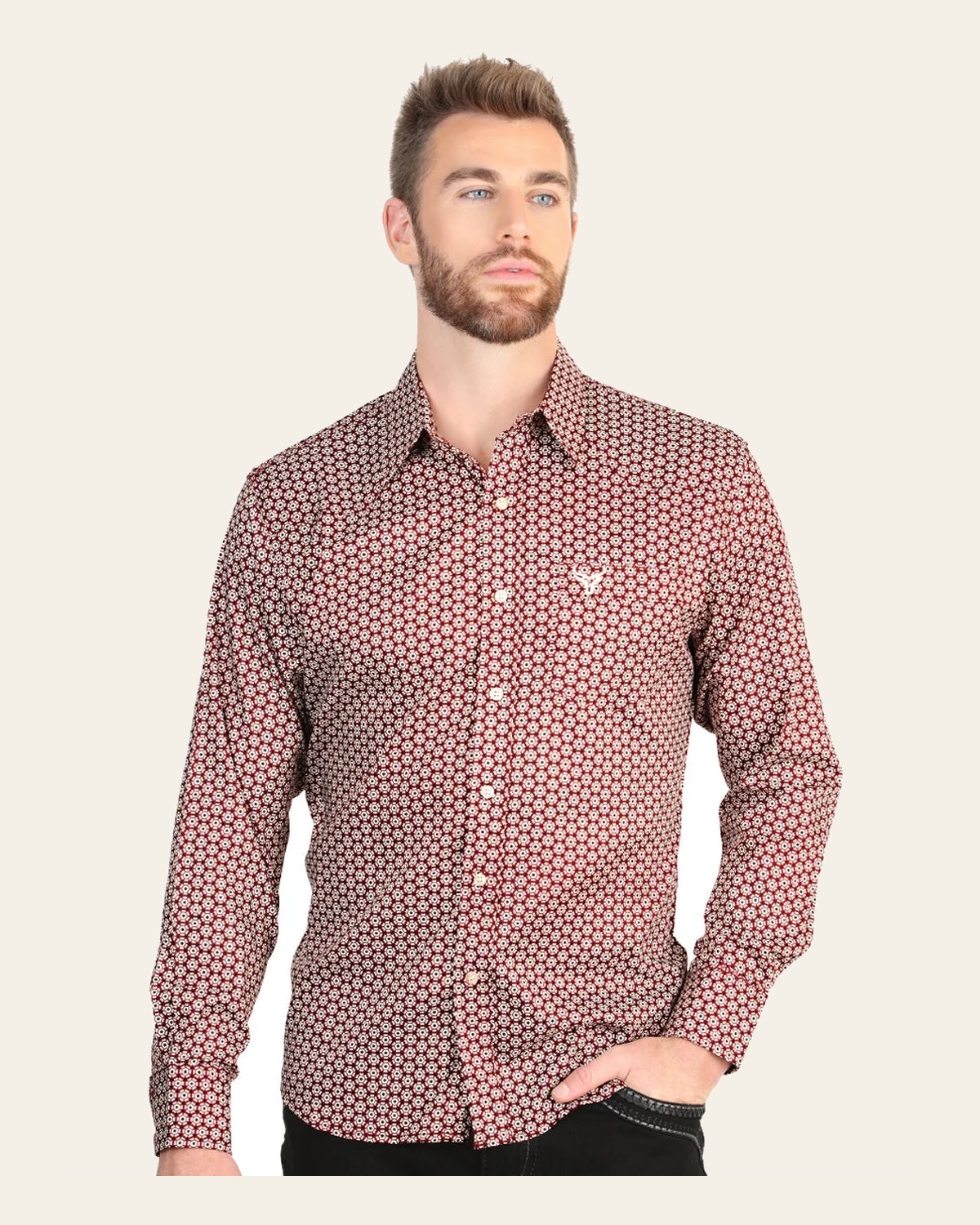 El General Men’s Long Sleeve Western Shirt - Burgundy 45604 on a warm cream background