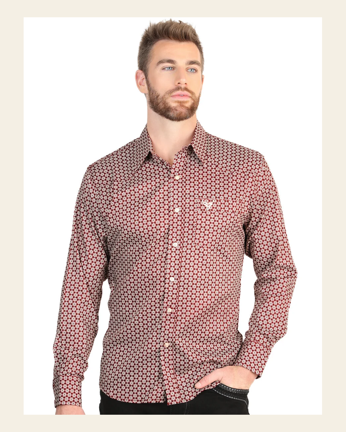 El General Men’s Long Sleeve Western Shirt - Burgundy 45604 on a warm cream background
