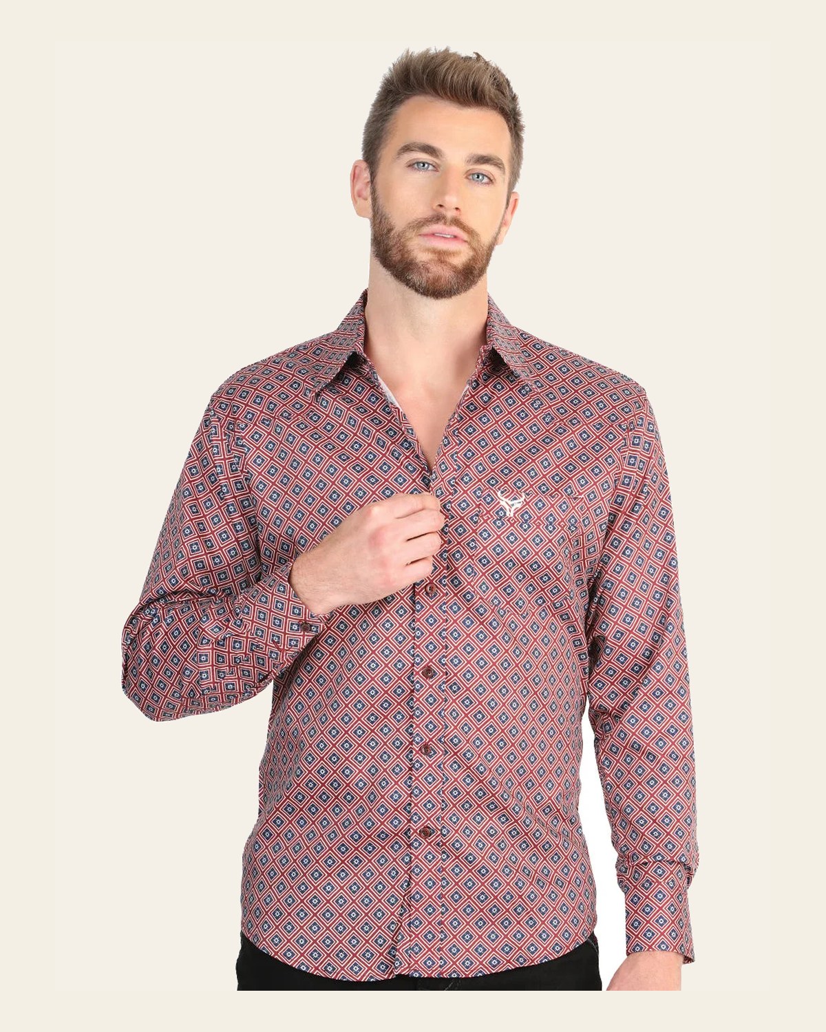 El General Men’s Long Sleeve Western Shirt - Burgundy 45608 on a warm cream background