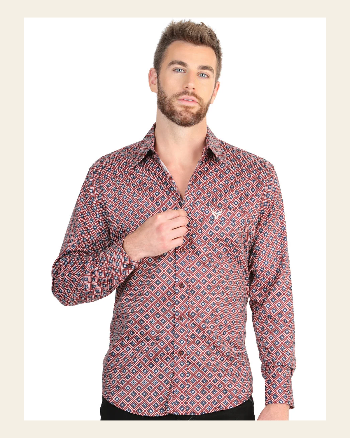 El General Men’s Long Sleeve Western Shirt - Burgundy 45608 on a warm cream background