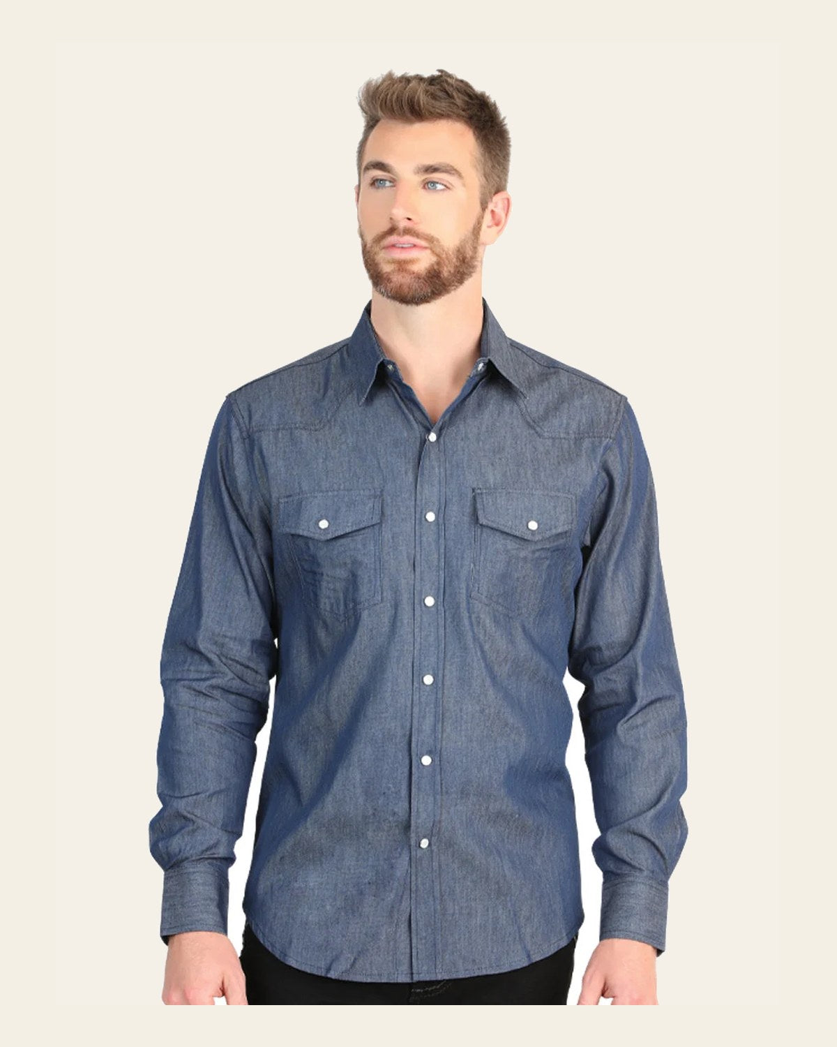 El General Men’s Long Sleeve Snap Button Western Shirt - Denim Blue 45619 on a warm cream background