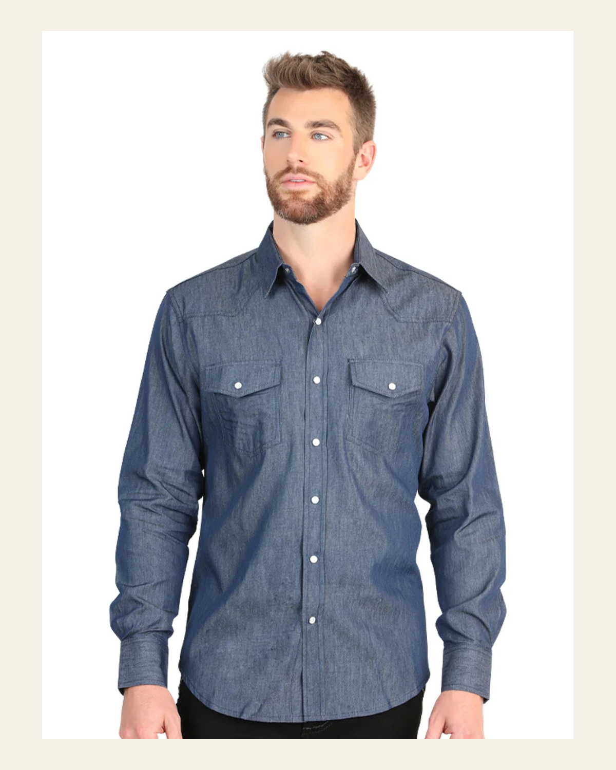 El General Men’s Long Sleeve Snap Button Western Shirt - Denim Blue 45619 on a warm cream background