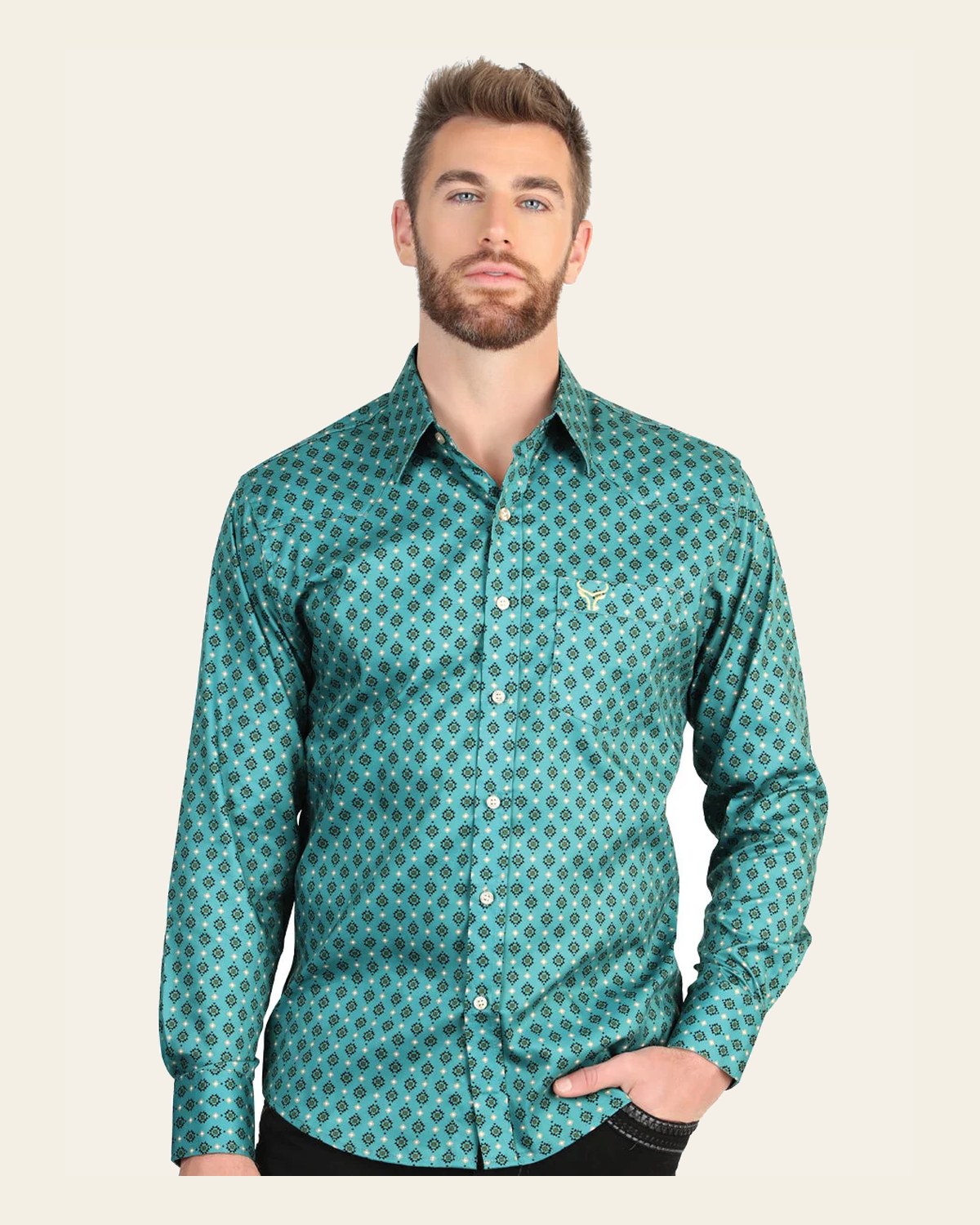 El General Men’s Long Sleeve Western Shirt - Mint 45605 on a warm cream background