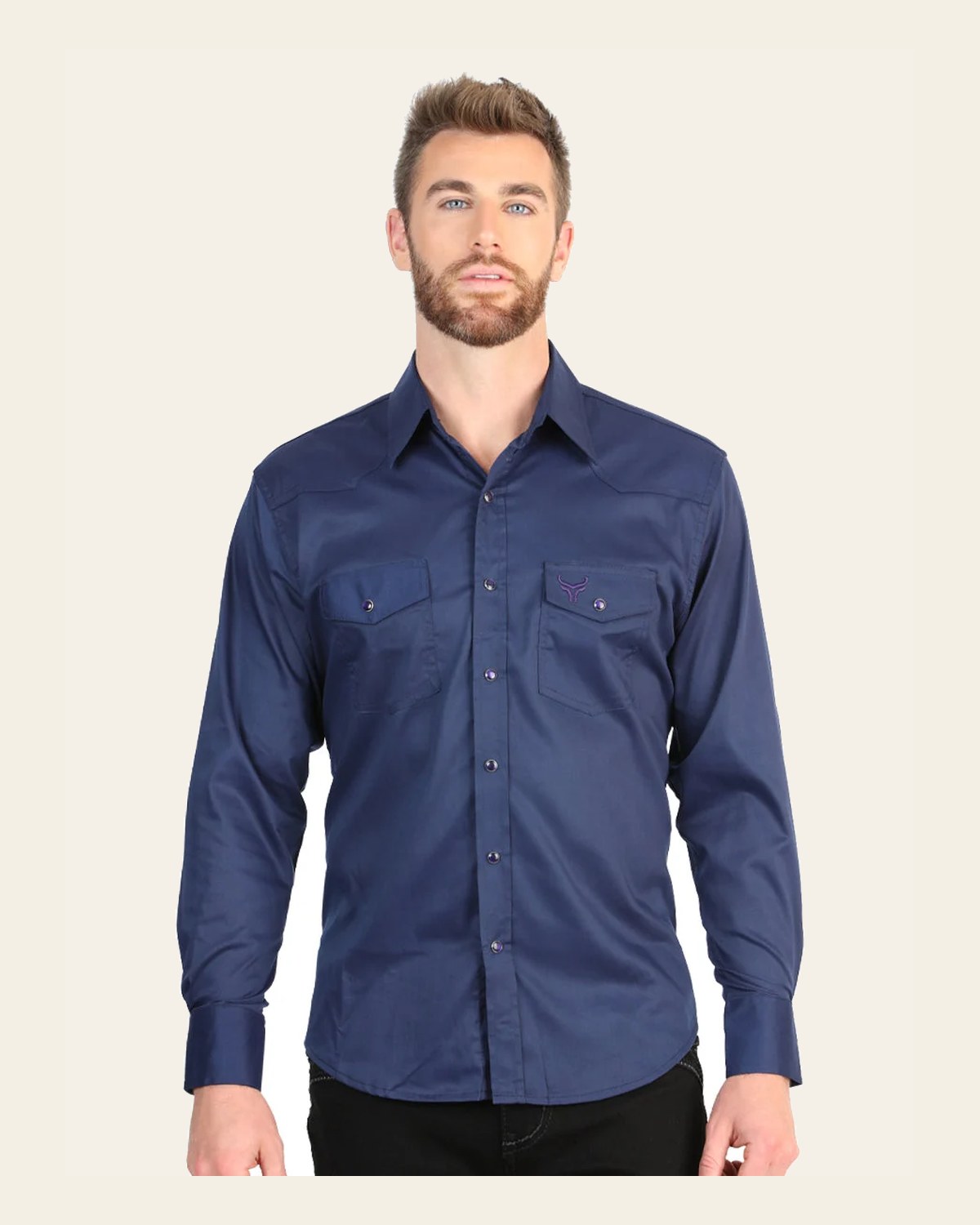 El General Men’s Long Sleeve Snap Button Western Shirt - Navy Blue 45616 on a warm cream background