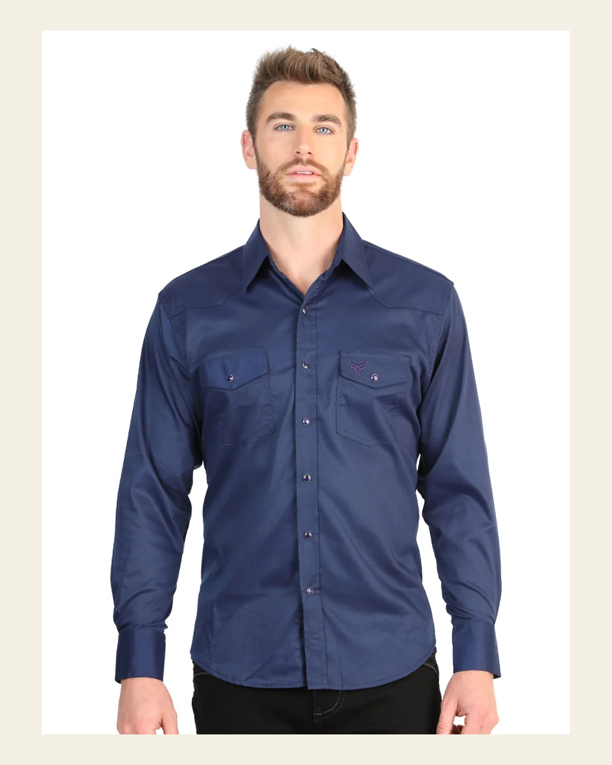 El General Men’s Long Sleeve Snap Button Western Shirt - Navy Blue 45616 on a warm cream background