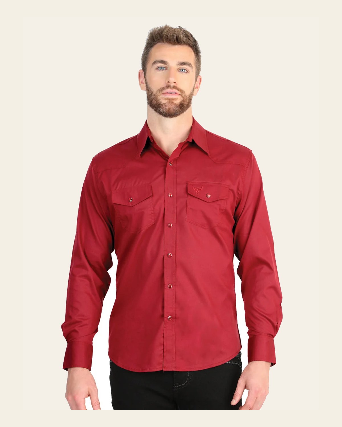 El General Men’s Long Sleeve Snap Button Western Shirt - Red 45614 on a warm cream background