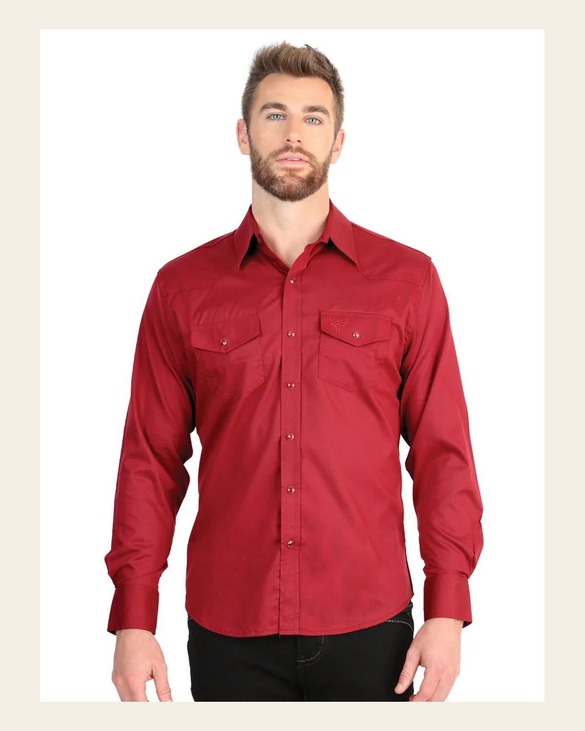 El General Men’s Long Sleeve Snap Button Western Shirt - Red 45614 on a warm cream background