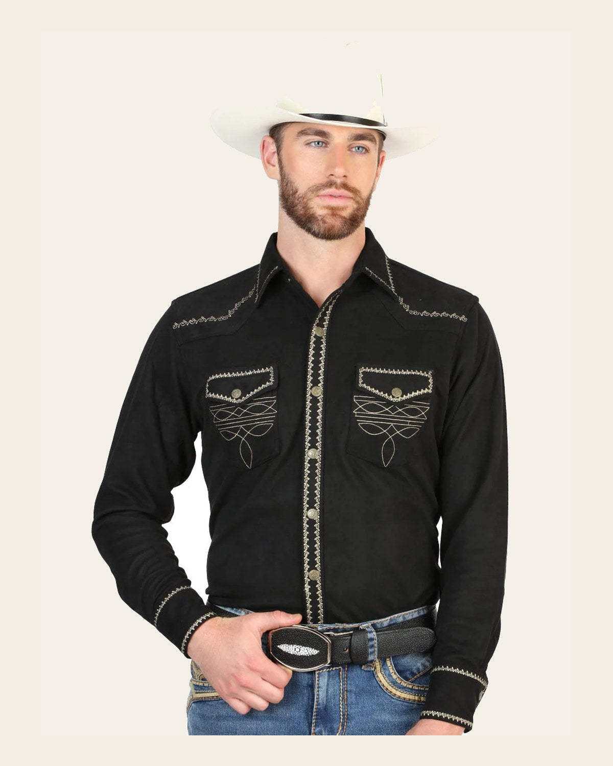 El General Men’s Suede Embroidered Snap Button Western Shirt - Black 45886 on a warm cream background