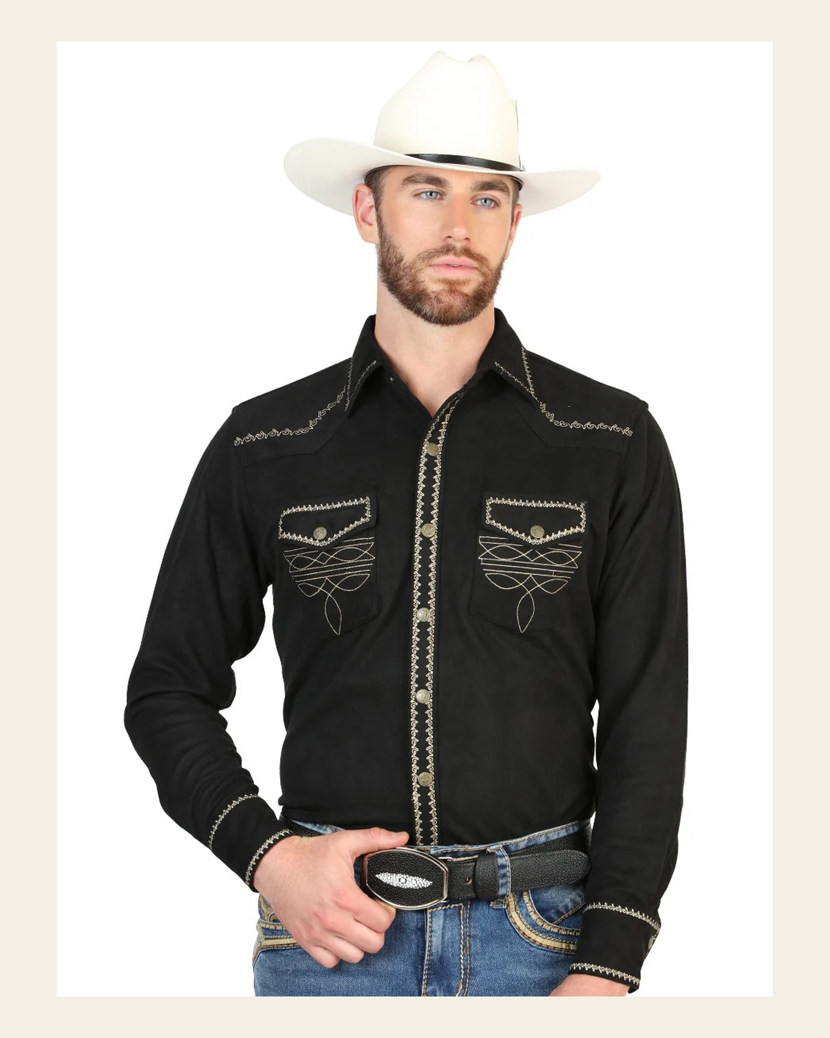 El General Men’s Suede Embroidered Snap Button Western Shirt - Black 45886 on a warm cream background
