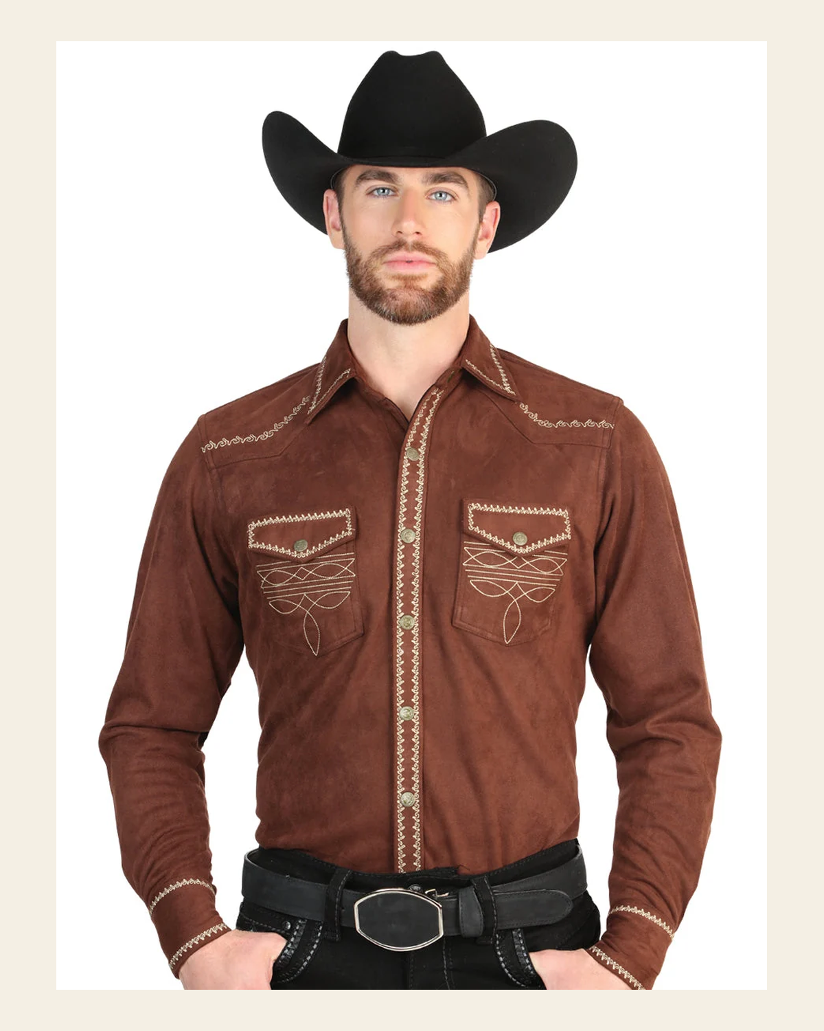 El General Men’s Suede Embroidered Snap Button Western Shirt - Brown 45884 on a warm cream background