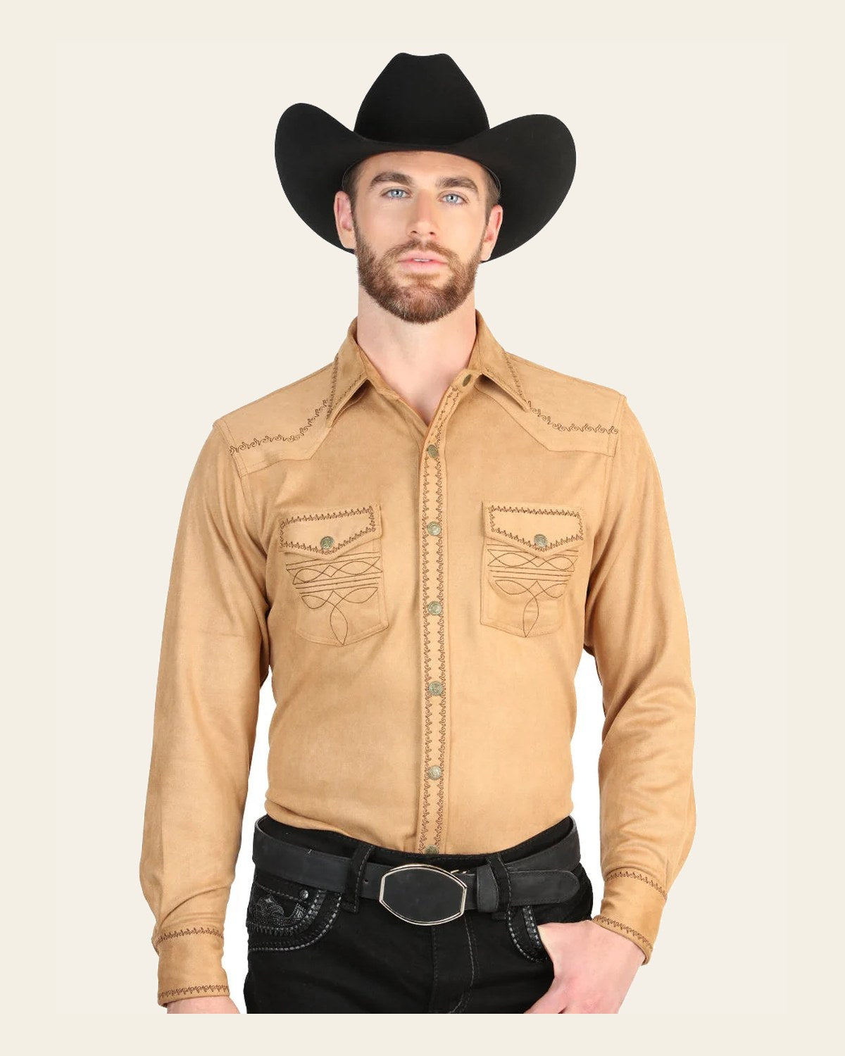 El General Men’s Suede Embroidered Snap Button Western Shirt - Khaki 45885 on a warm cream background