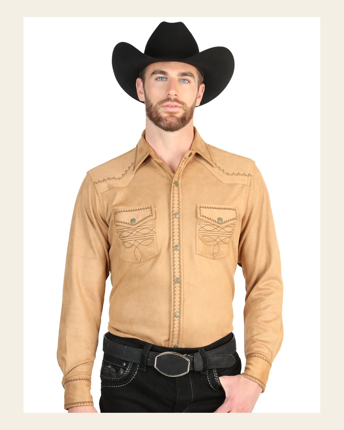 El General Men’s Suede Embroidered Snap Button Western Shirt - Khaki 45885 on a warm cream background
