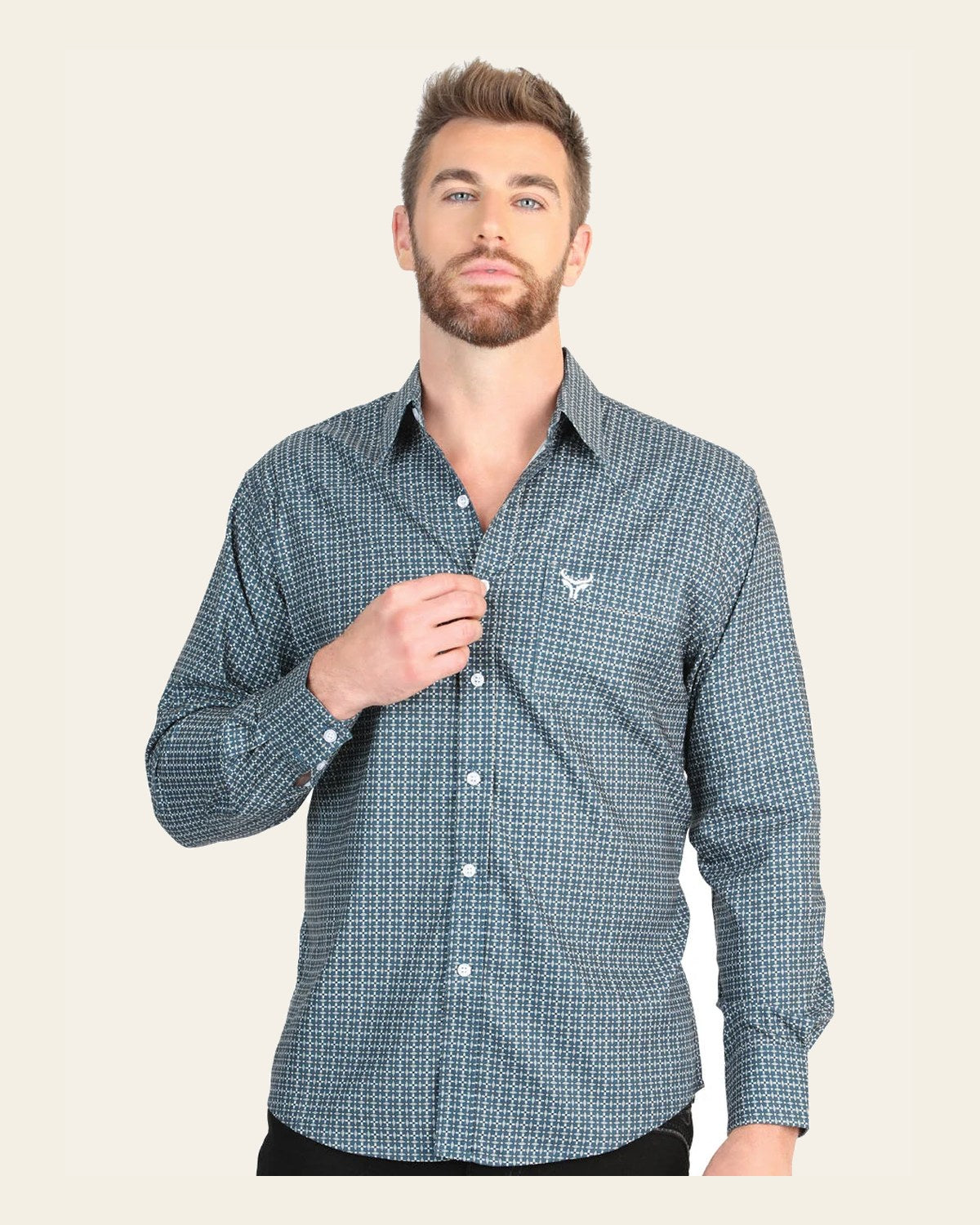 El General Men’s Long Sleeve Western Shirt - Teal 45611 on a warm cream background