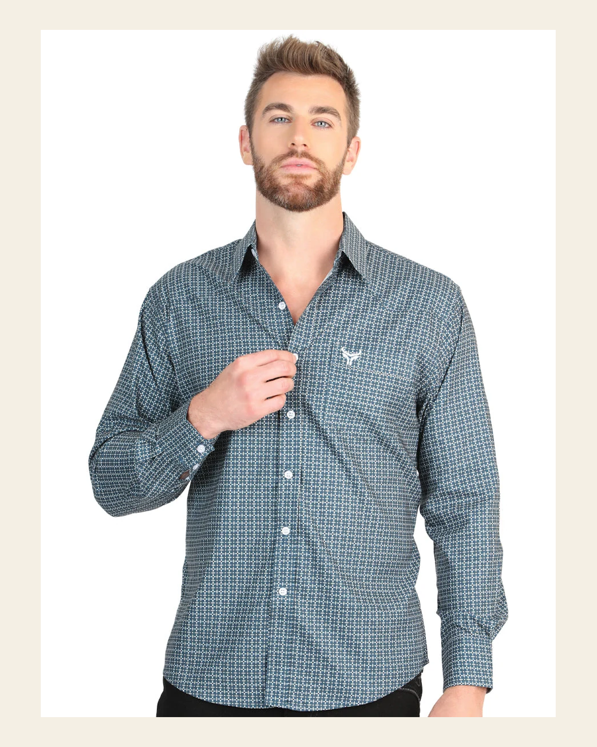 El General Men’s Long Sleeve Western Shirt - Teal 45611 on a warm cream background