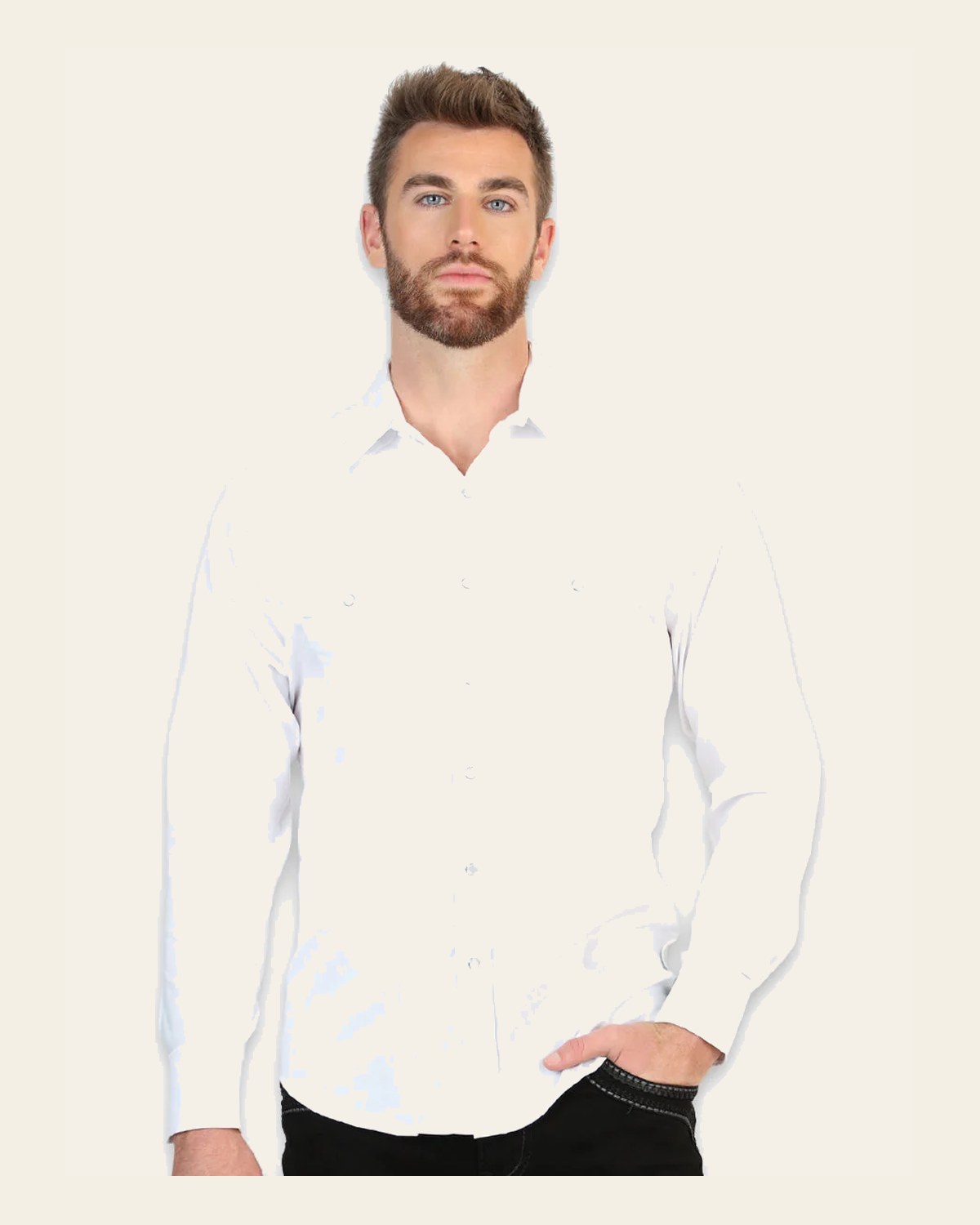 El General Men’s Long Sleeve Snap Button Western Shirt - White 45613 on a warm cream background
