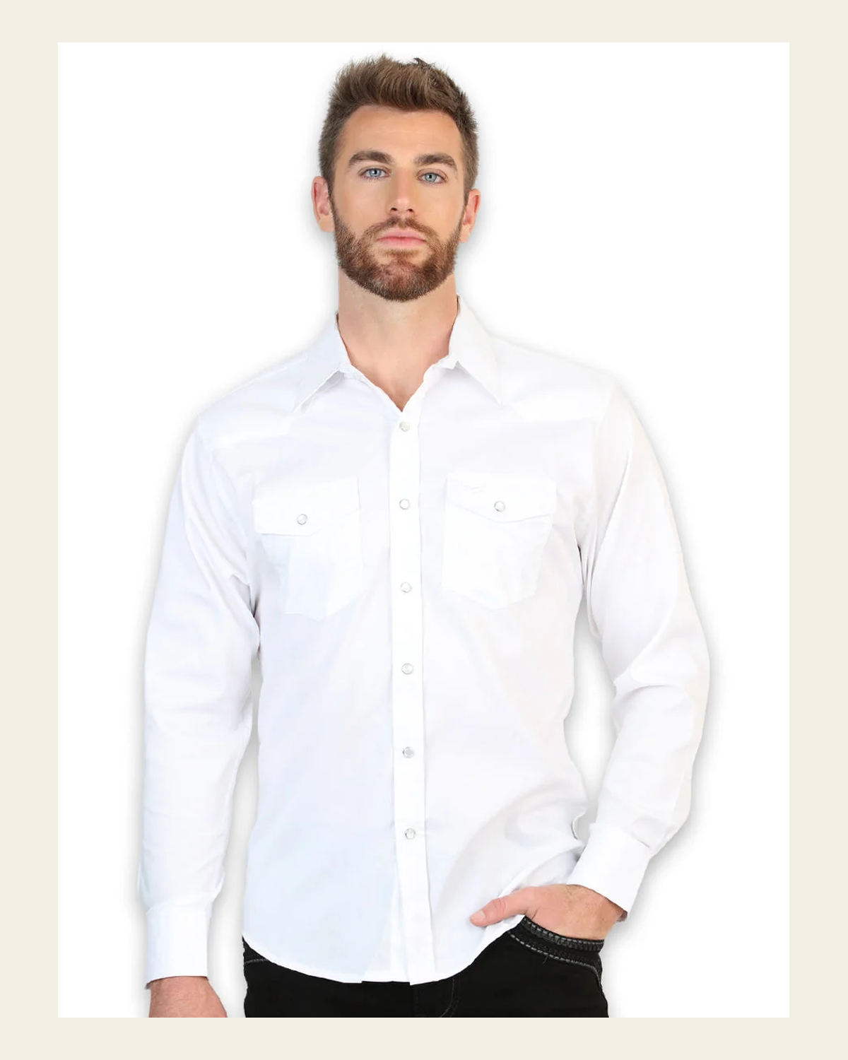 El General Men’s Long Sleeve Snap Button Western Shirt - White 45613 on a warm cream background