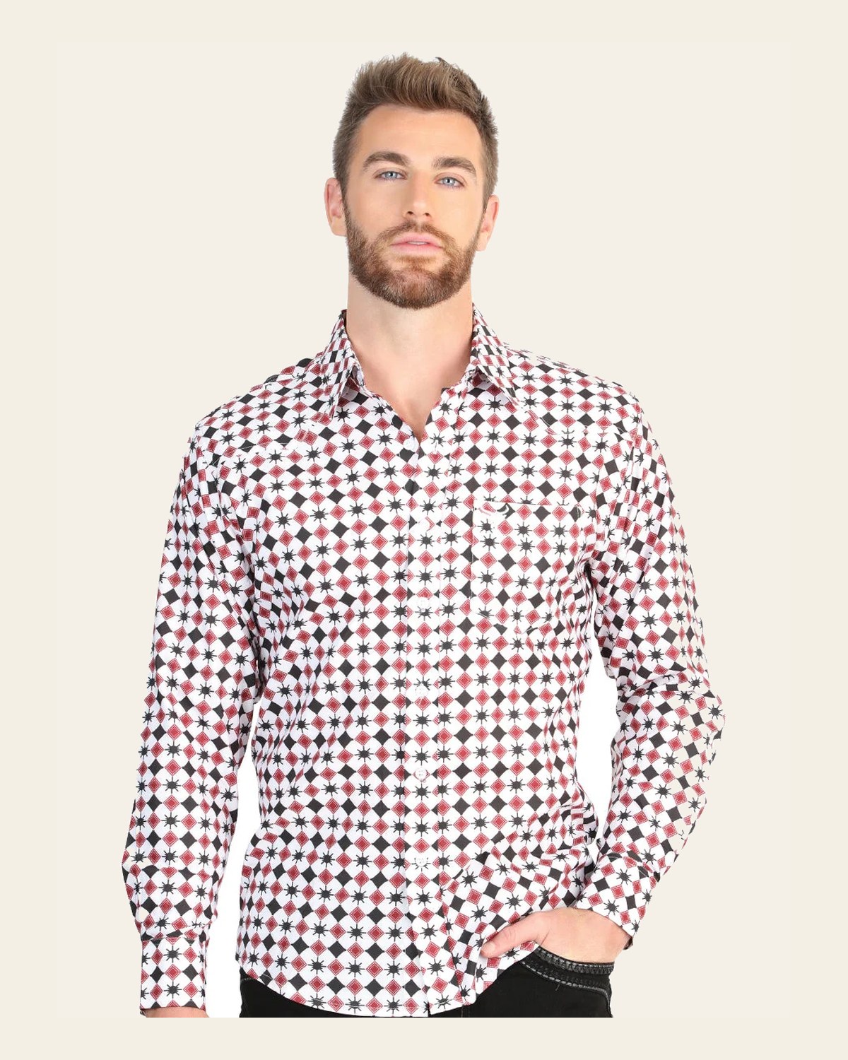 El General Men’s Long Sleeve Western Shirt - White/Red 45610 on a warm cream background