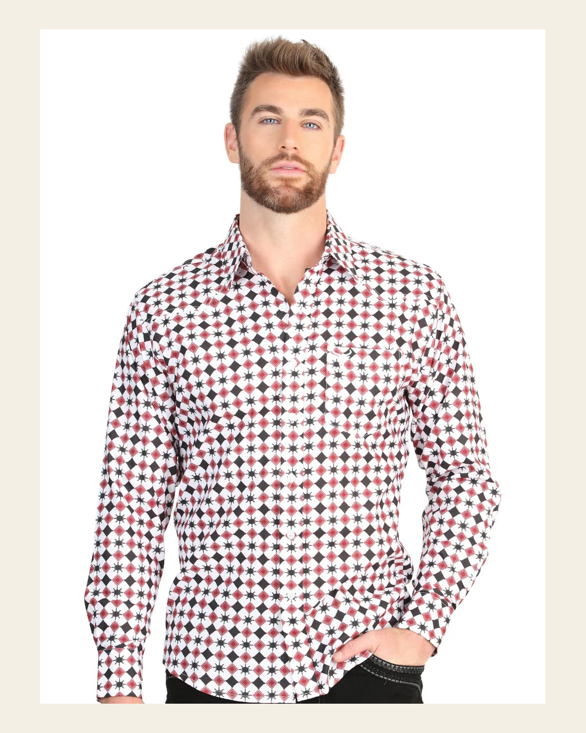El General Men’s Long Sleeve Western Shirt - White/Red 45610 on a warm cream background