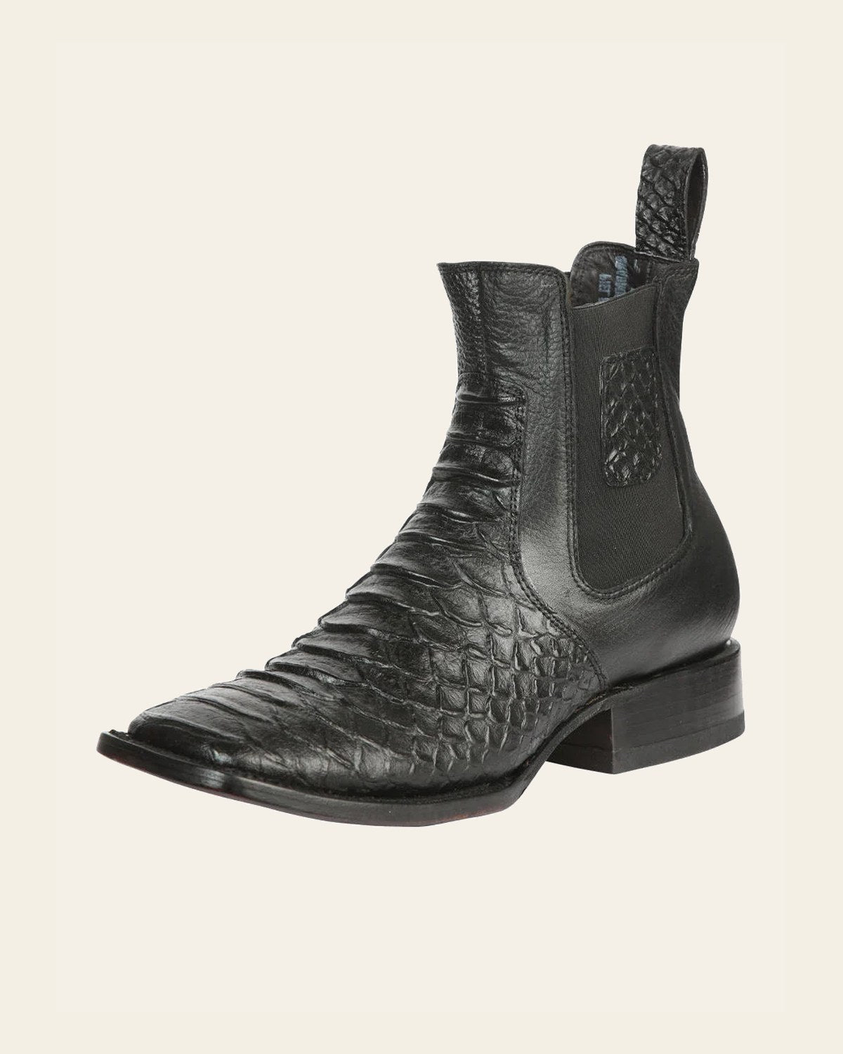 El General Men’s Python Imitation Black Ankle Boots 45093 on a warm cream background