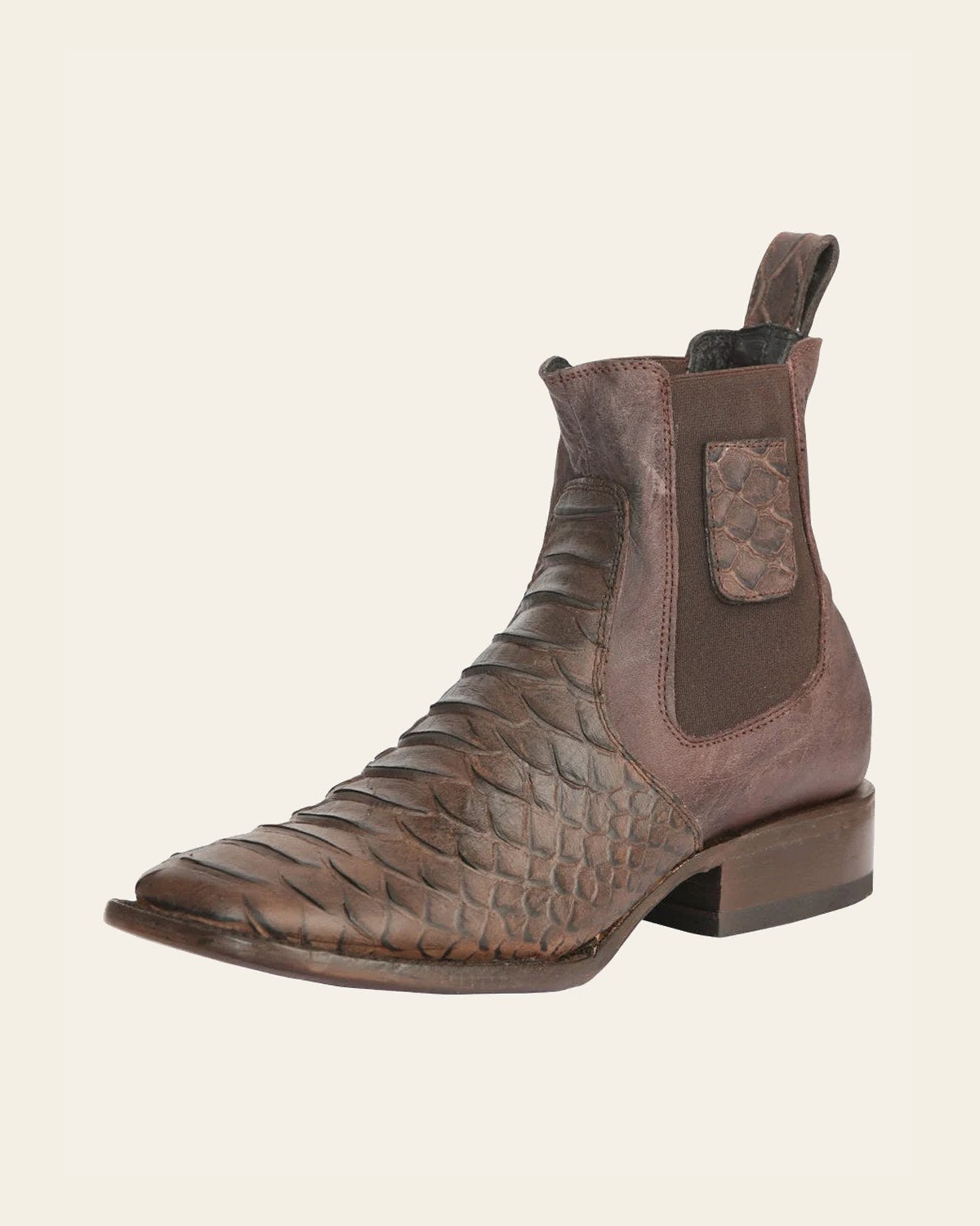 El General Men’s Python Imitation Brown Ankle Boots 45092 on a warm cream background