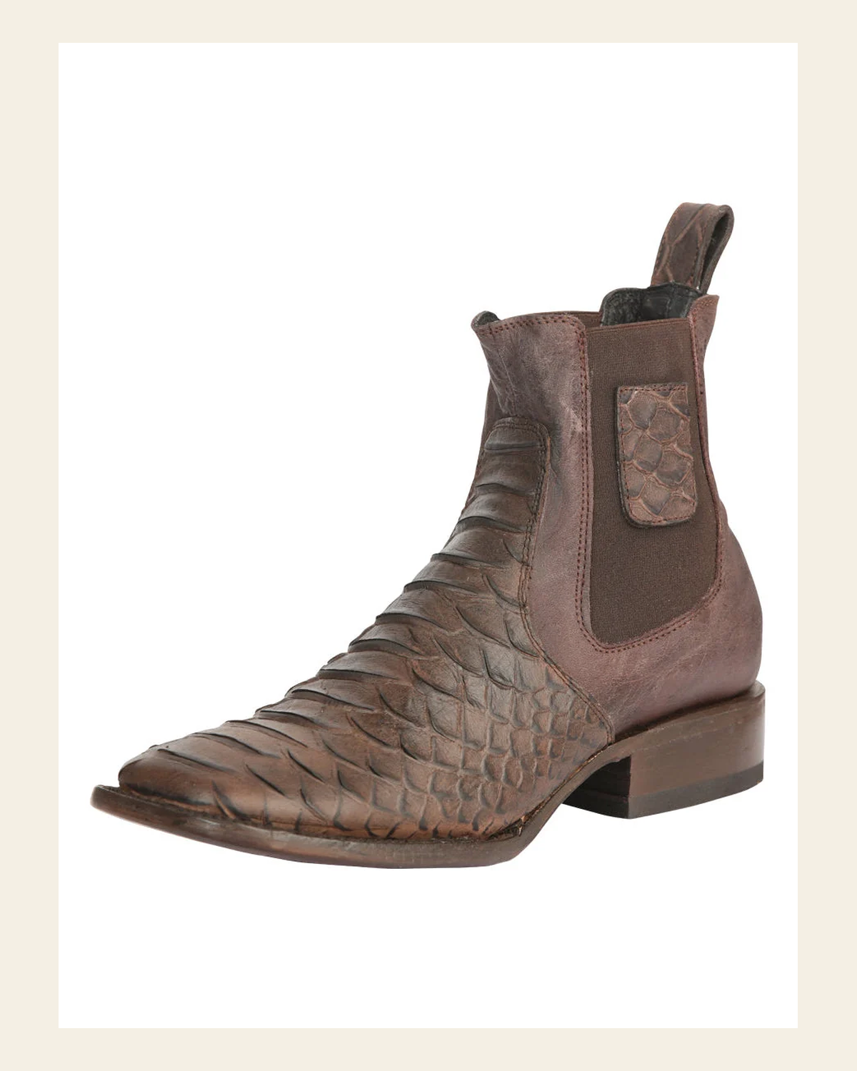 El General Men’s Python Imitation Brown Ankle Boots 45092 on a warm cream background