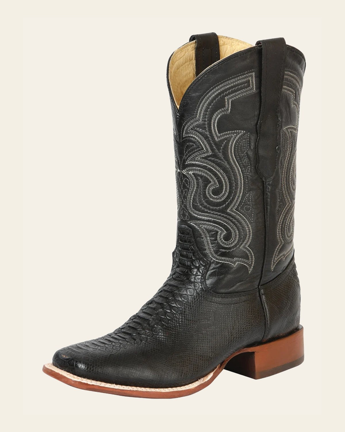 El General Men’s Python Imitation Rodeo Boots - Black 45433 on a warm cream background