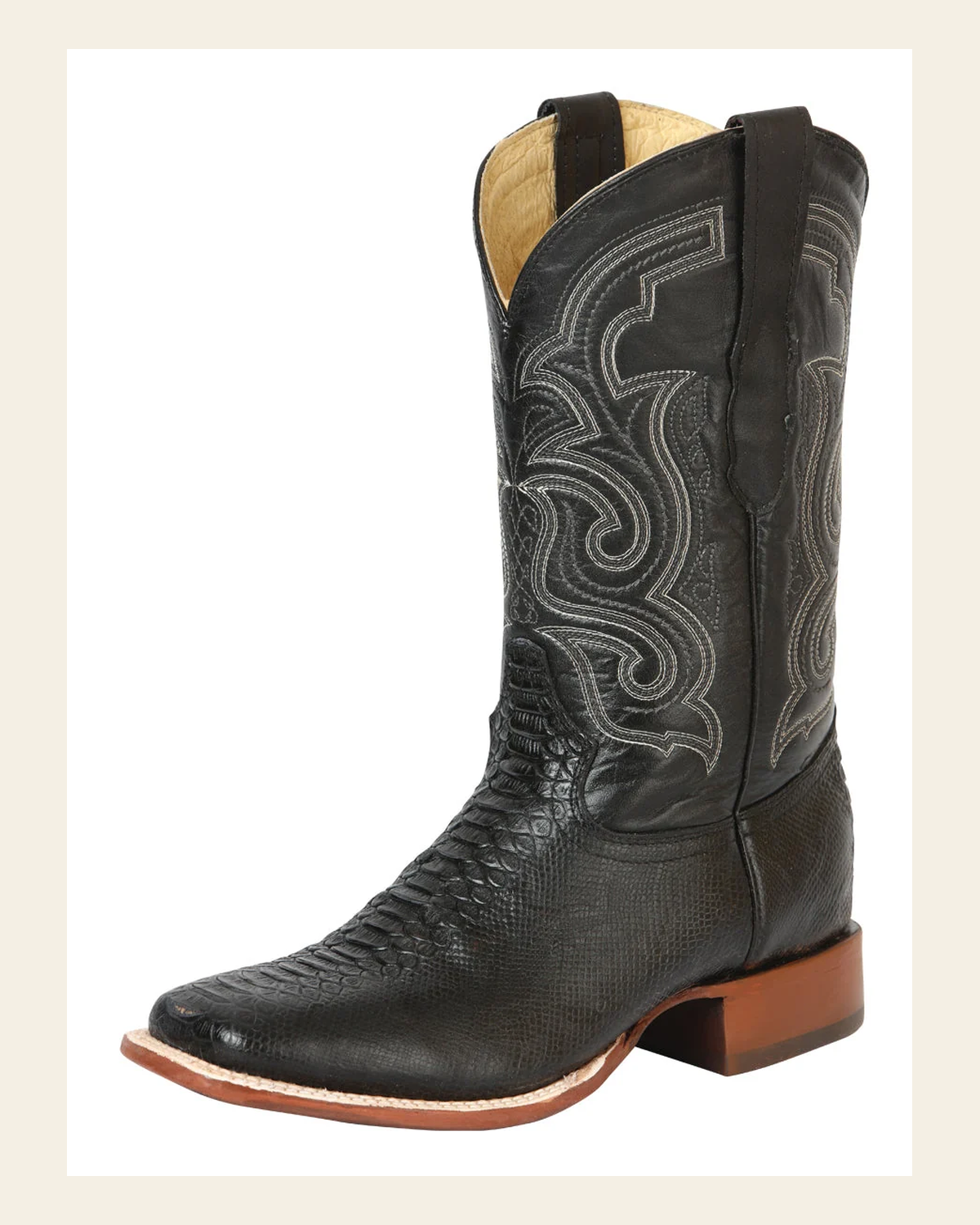 El General Men’s Python Imitation Rodeo Boots - Black 45433 on a warm cream background