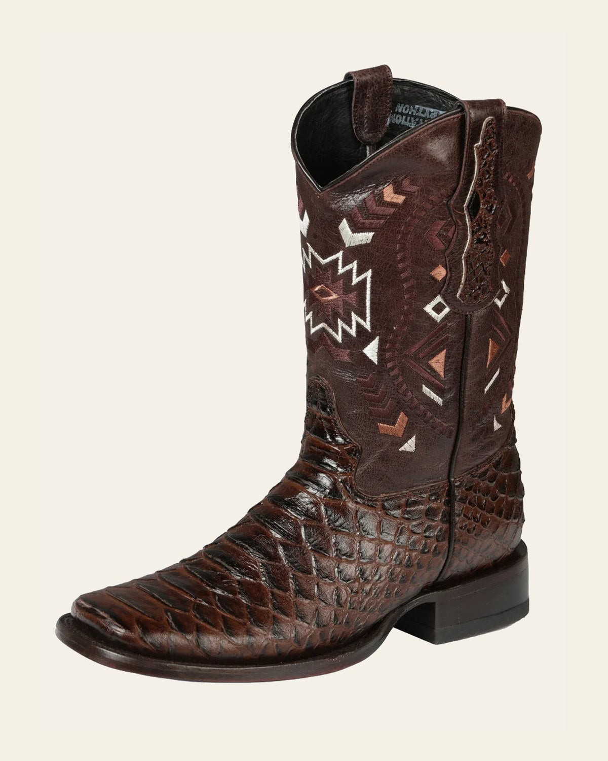 El General Men’s Python Imitation Rodeo Boots - Brown 45095 on a warm cream background