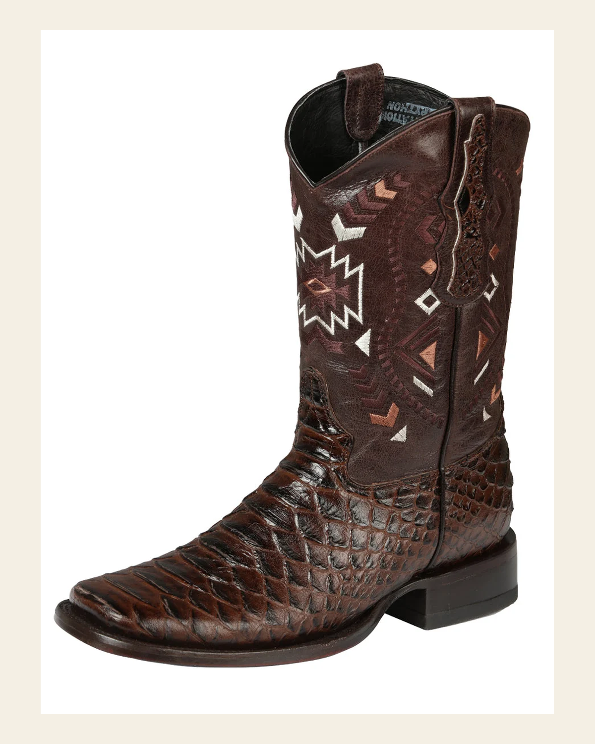 El General Men’s Python Imitation Rodeo Boots - Brown 45095 on a warm cream background