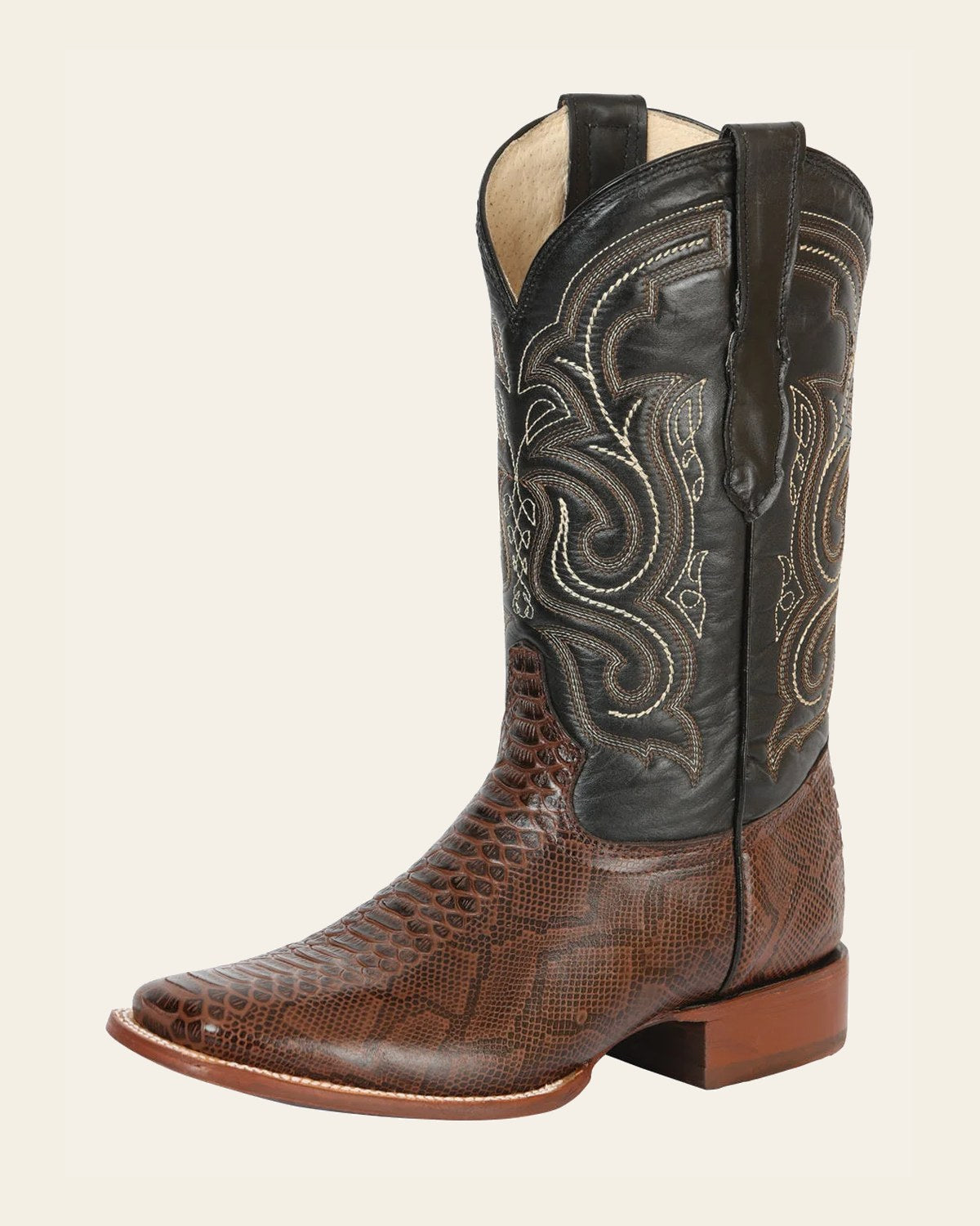 El General Men’s Python Imitation Rodeo Boots - Brown 45437 on a warm cream background