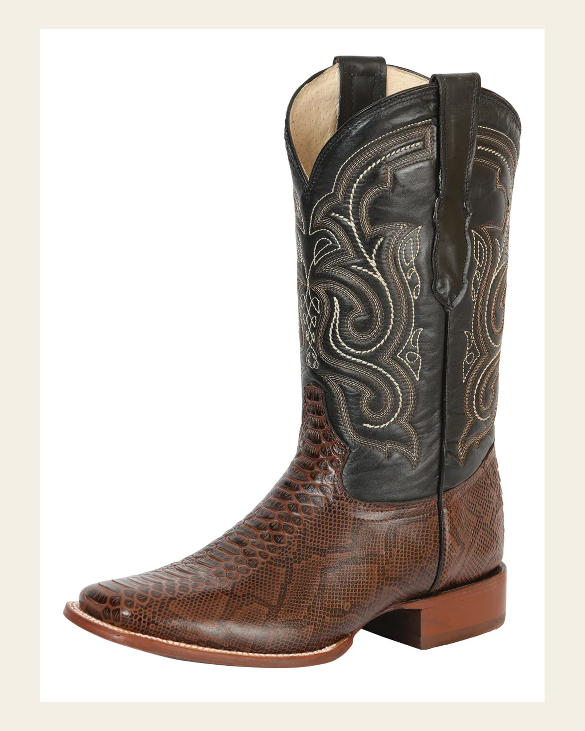 El General Men’s Python Imitation Rodeo Boots - Brown 45437 on a warm cream background