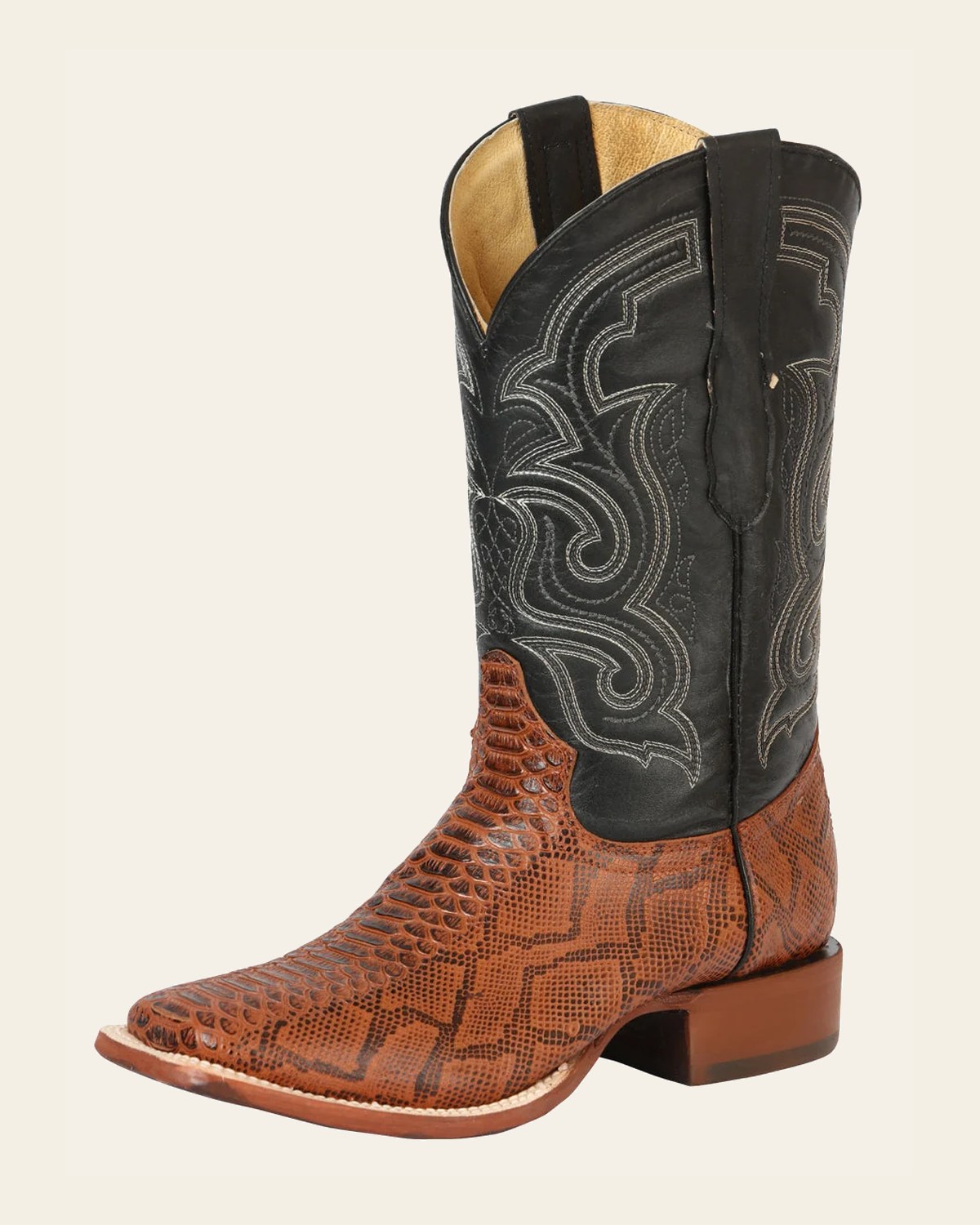 El General Men’s Python Imitation Rodeo Boots - Cognac 45435 on a warm cream background