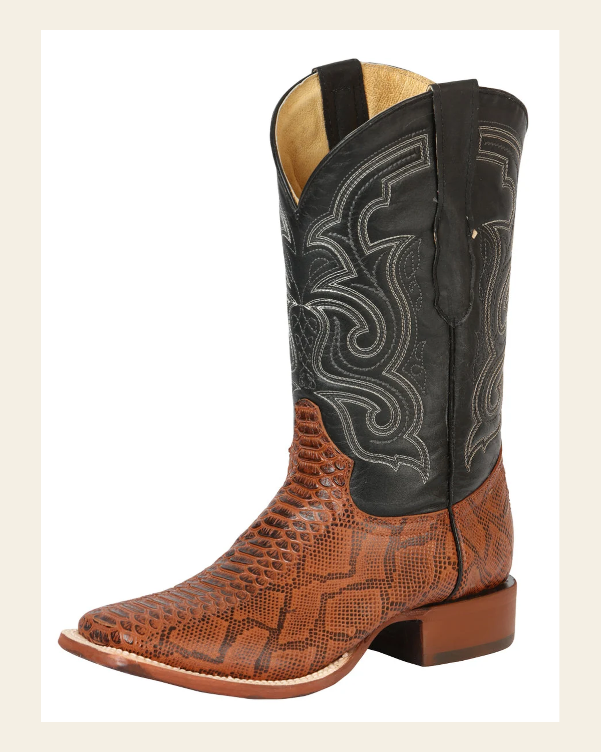 El General Men’s Python Imitation Rodeo Boots - Cognac 45435 on a warm cream background