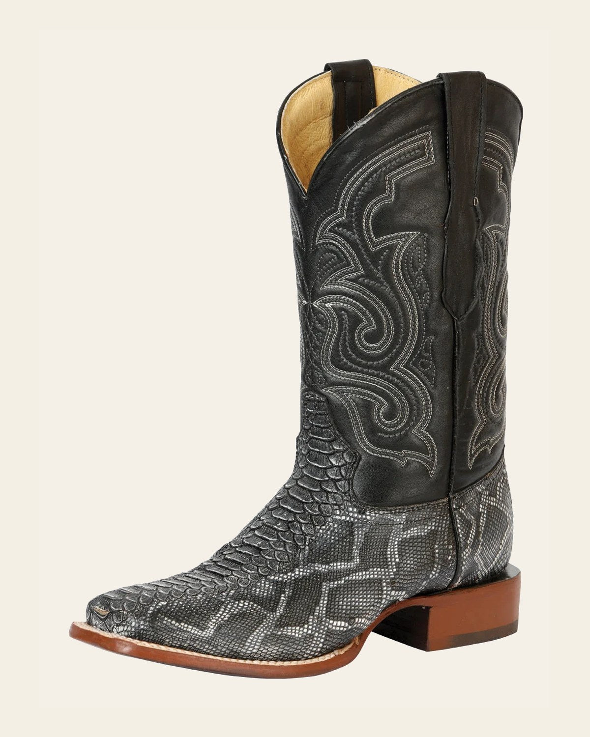El General Men’s Python Imitation Rodeo Boots - Gray 45432 on a warm cream background