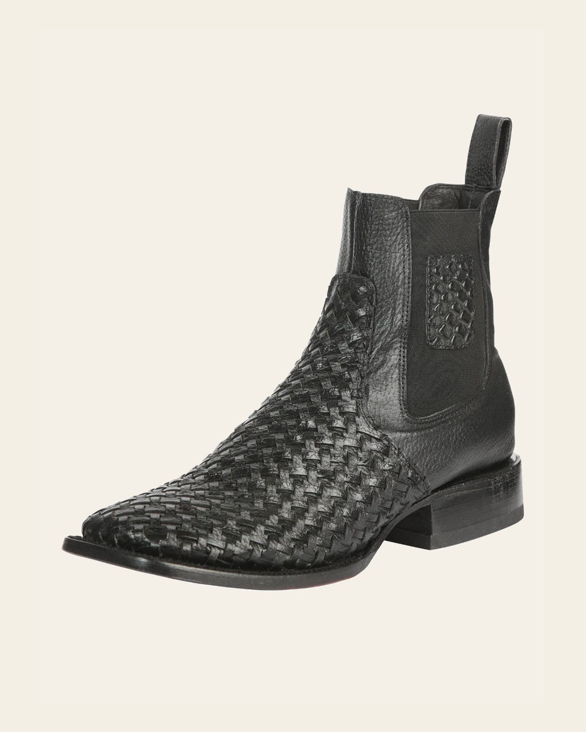 El General Men’s Rodeo Black Petatillo Woven Ankle Boots 45181 on a warm cream background